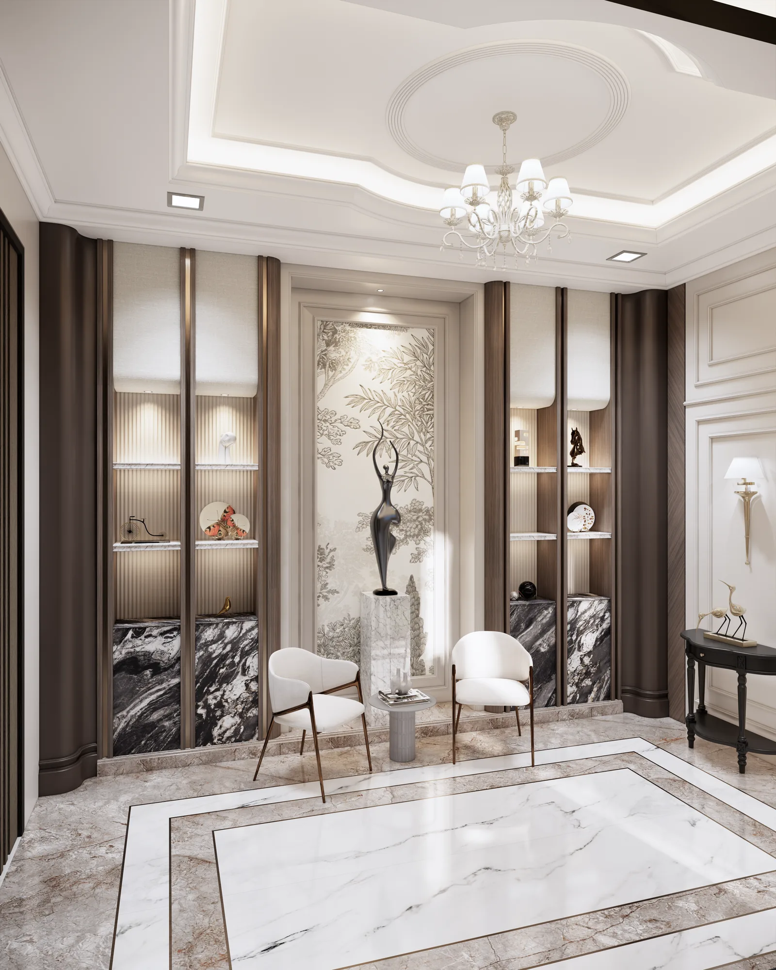 Entrance render with illuminated display shelves, two chairs, and a chandelier