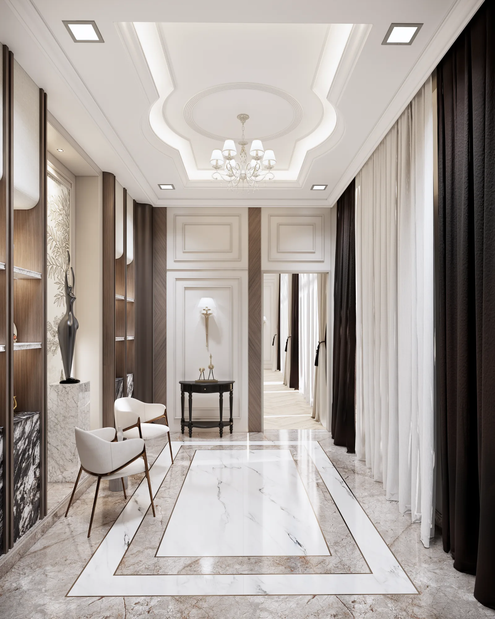 Hallway render with a bordered stone floor and layered ceiling mouldings