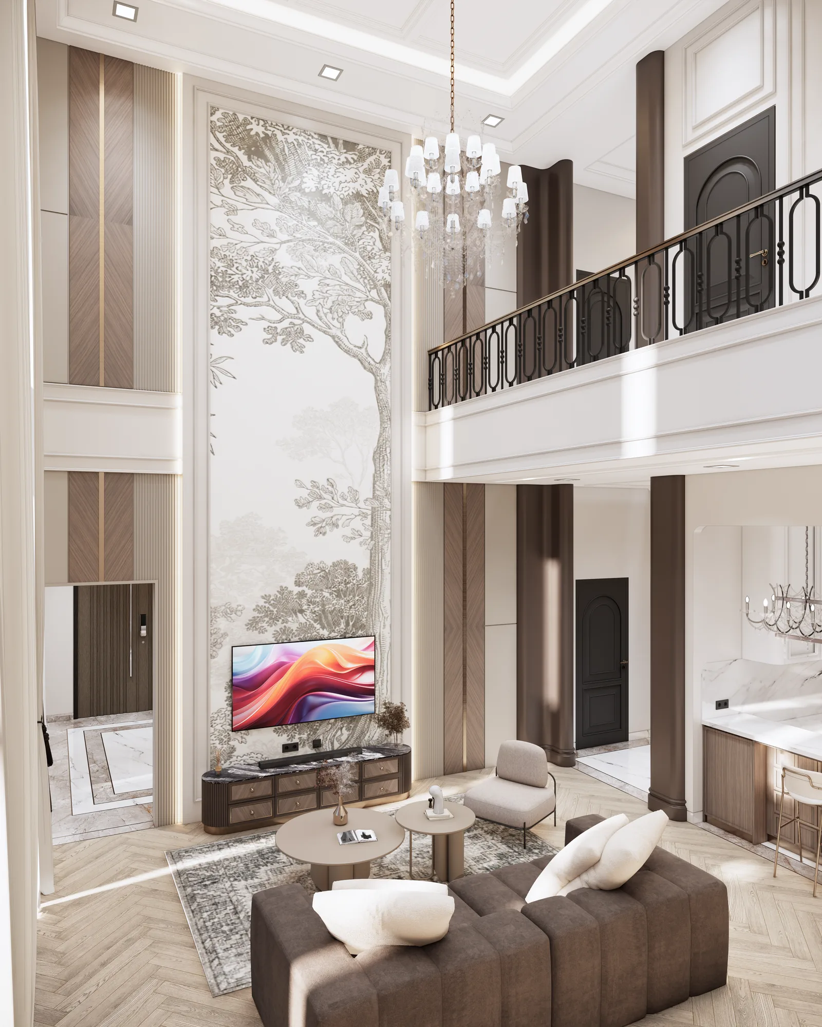 Double-height living room render with a tree mural, chandelier, pale sofas, and an upper gallery