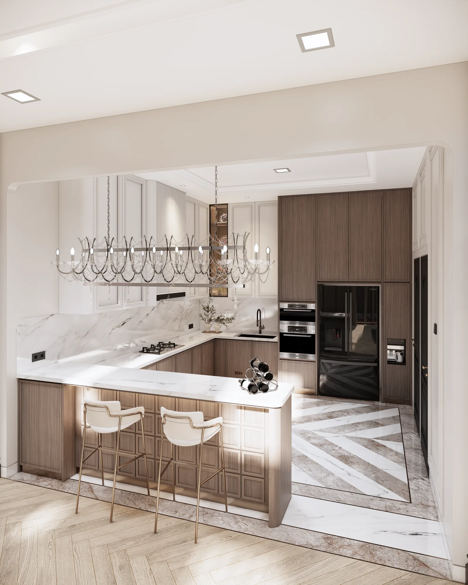 Kitchen island render with timber cabinetry, pale worktop, and decorative pendant