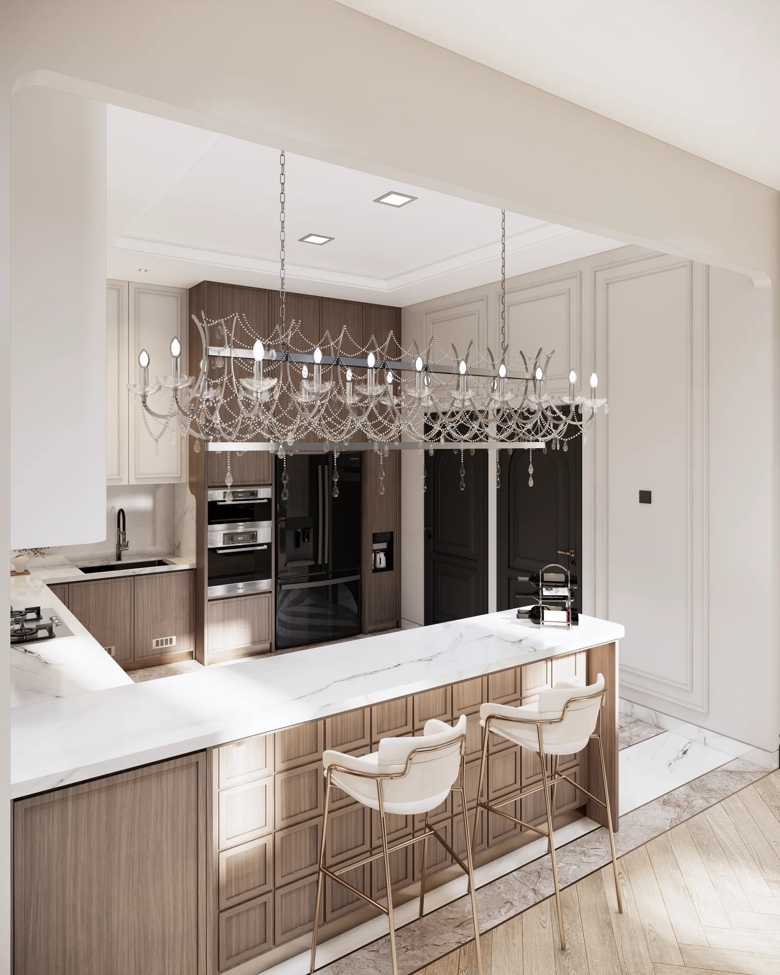 Reverse view of the kitchen island, stools, and integrated appliances