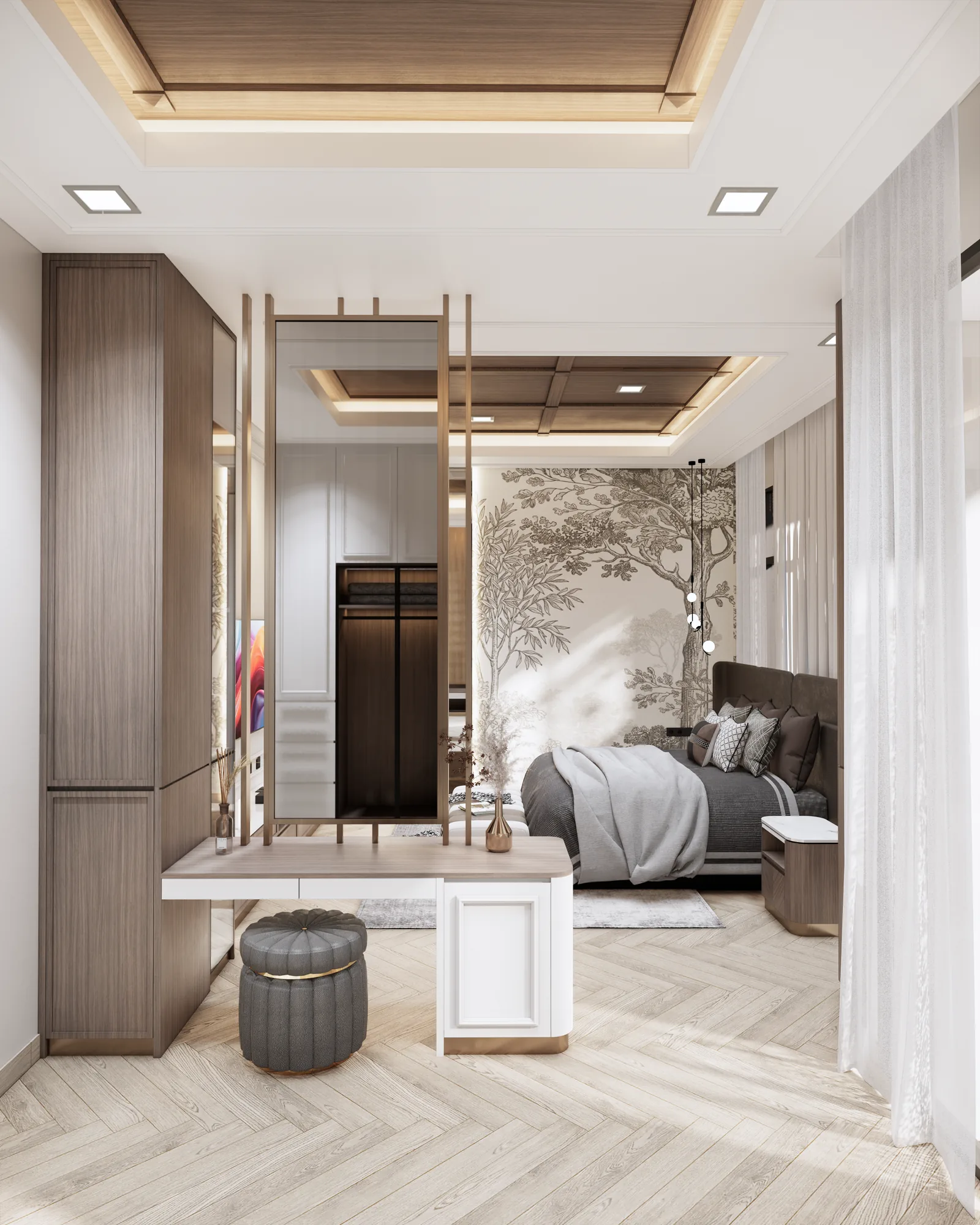 Bedroom entrance render with timber ceiling detail and built-in dressing surface