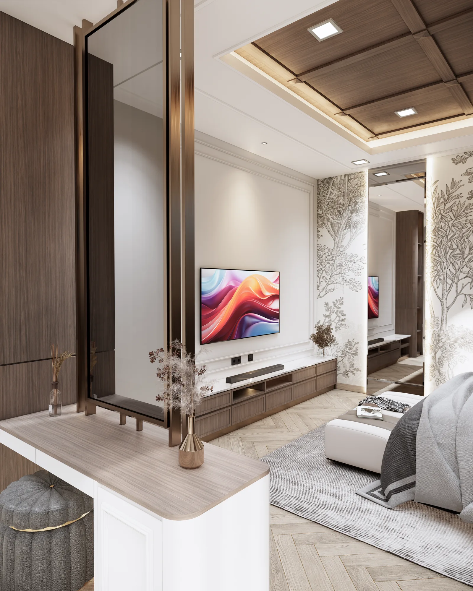 Bedroom render with television wall, timber ceiling, and soft grey bedding
