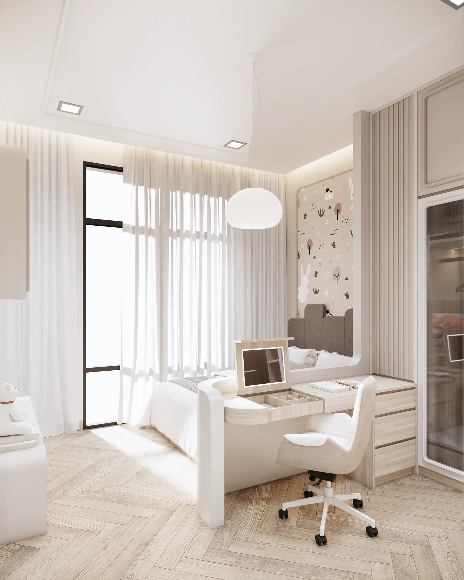 Light bedroom render with a desk by the window and animal-patterned wall