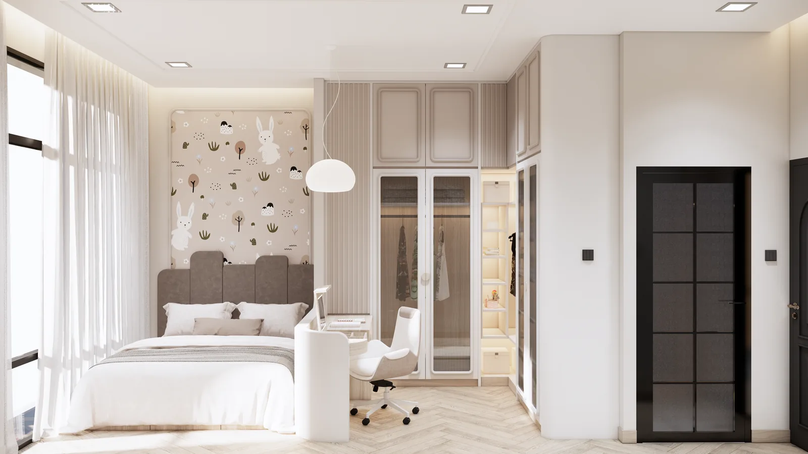 Wide bedroom render showing the bed, desk, and built-in wardrobe