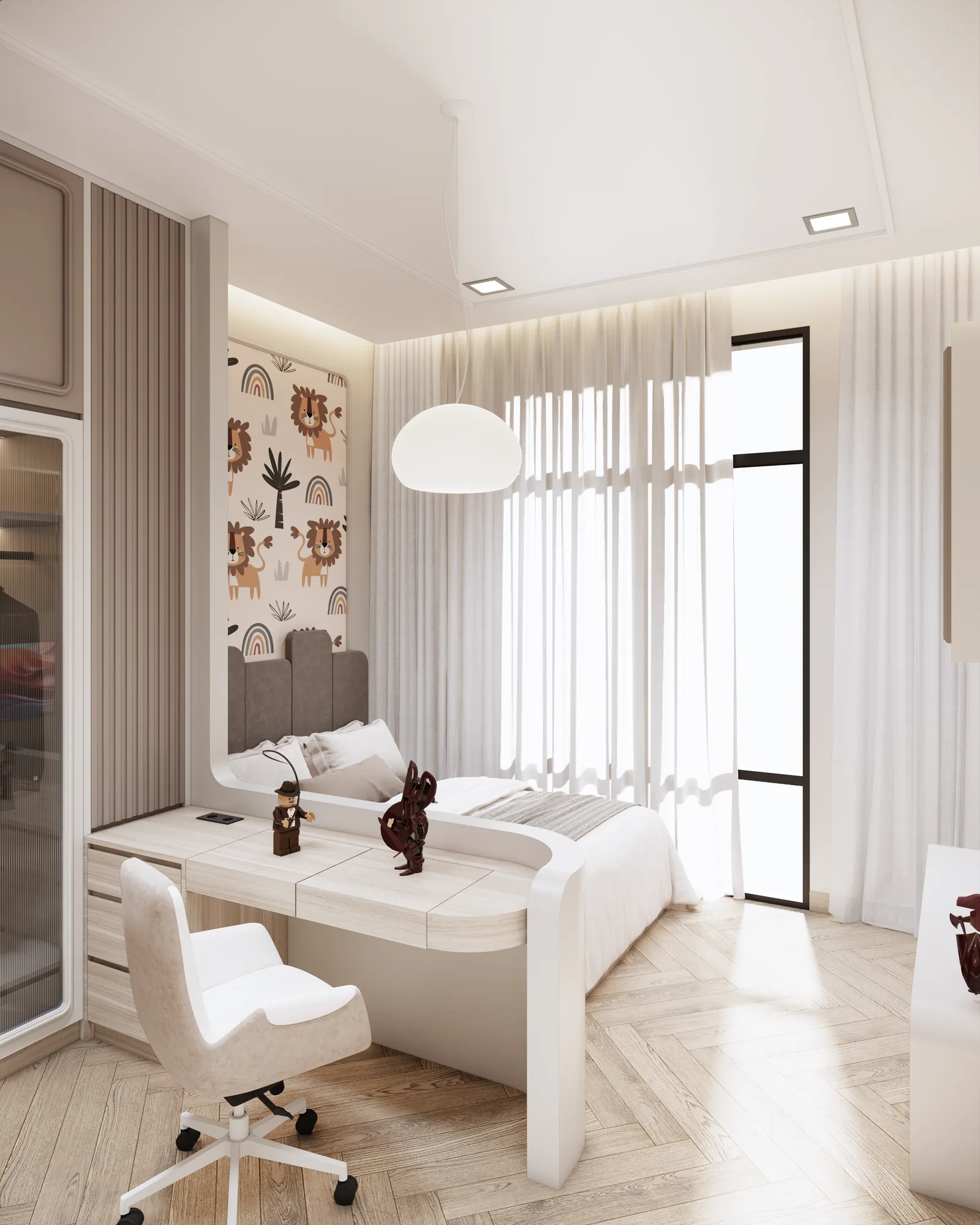 Bedroom render with rounded bed frame, desk, and full-height curtains