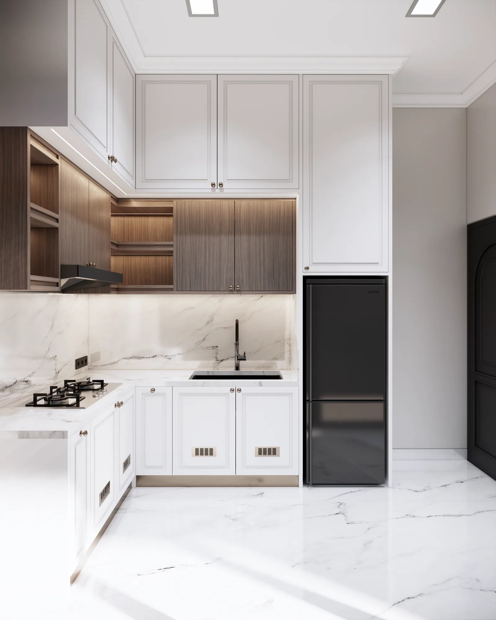 Compact kitchen render with white cabinets and illuminated wood shelves