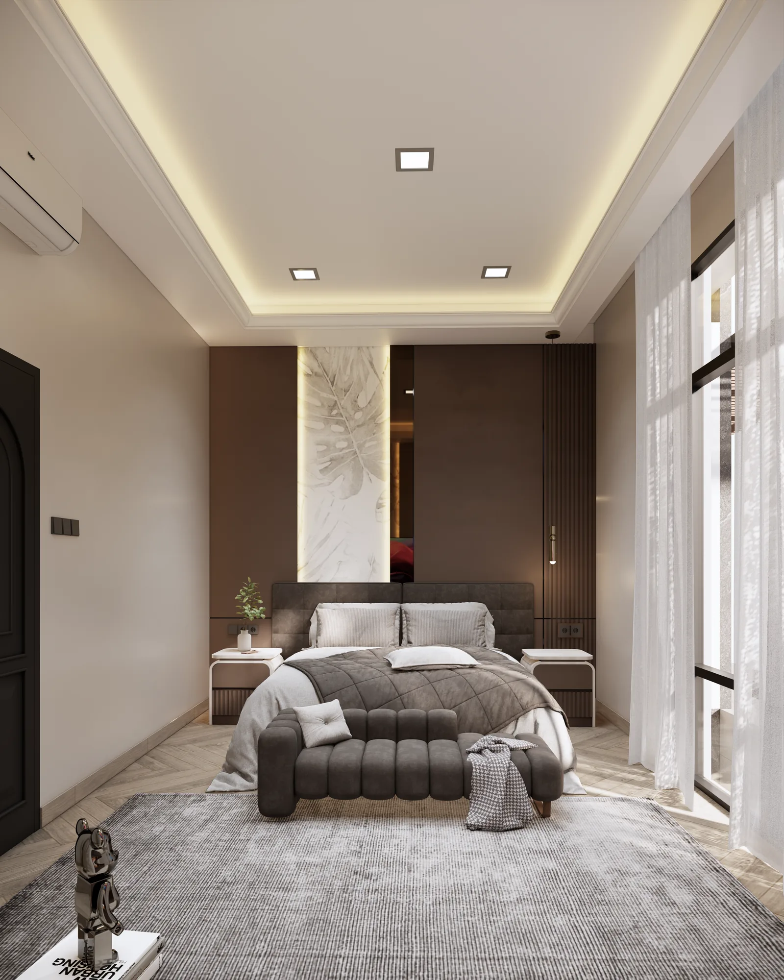 Bedroom render with a tall upholstered headboard and cove lighting