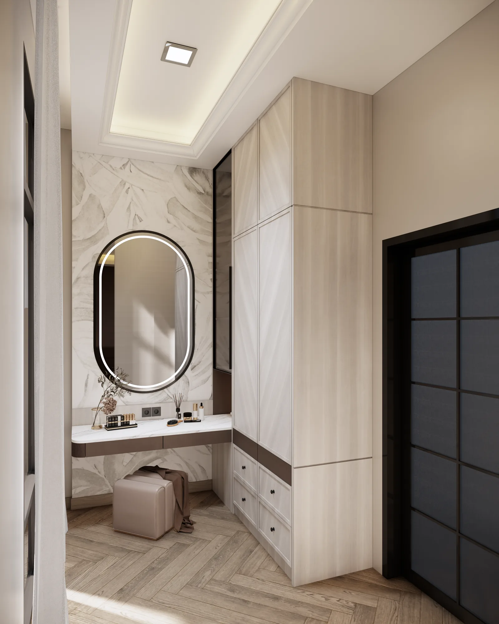 Dressing corner render with a round illuminated mirror and tall wardrobe