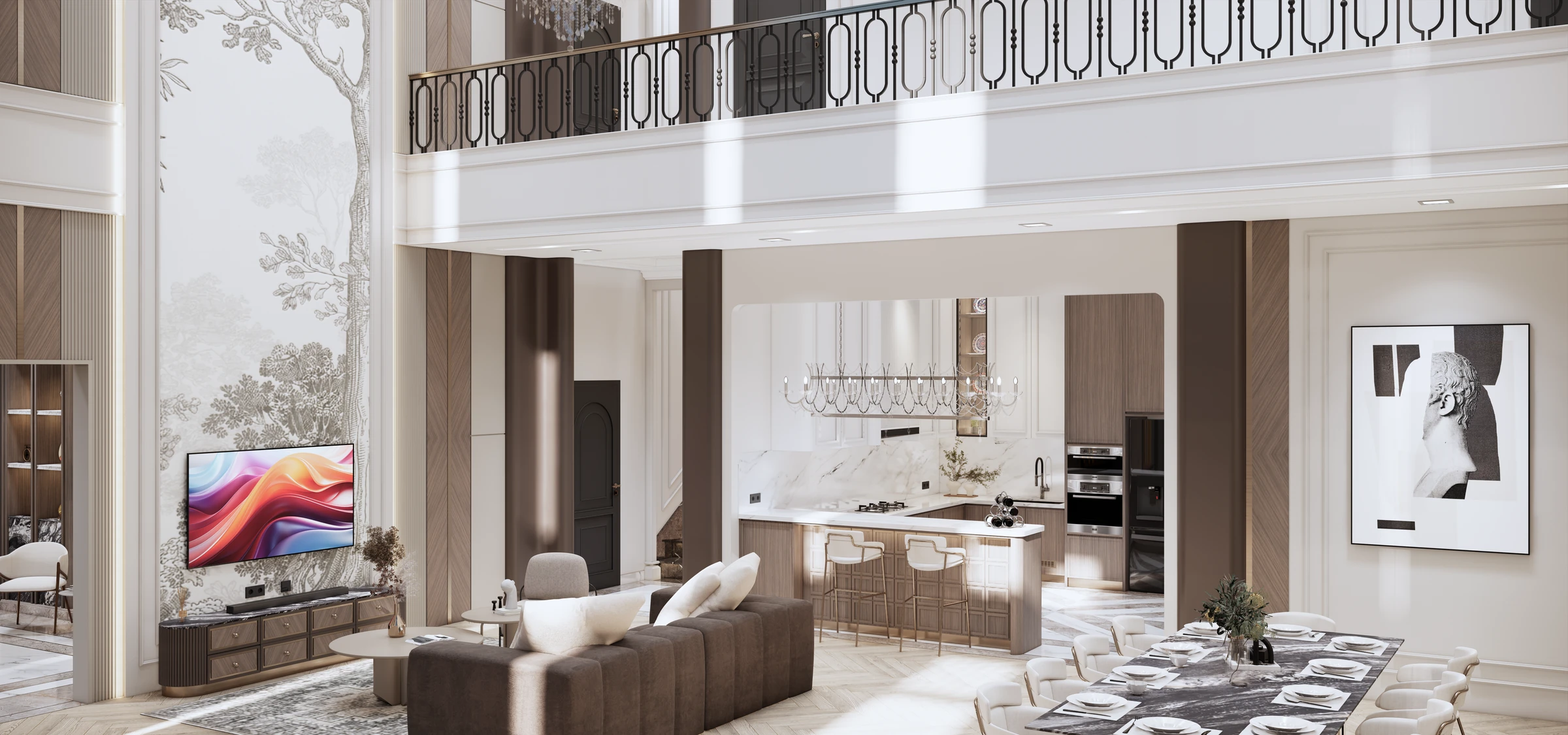 Double-height living and dining room render with a tree mural, kitchen island, and upper gallery