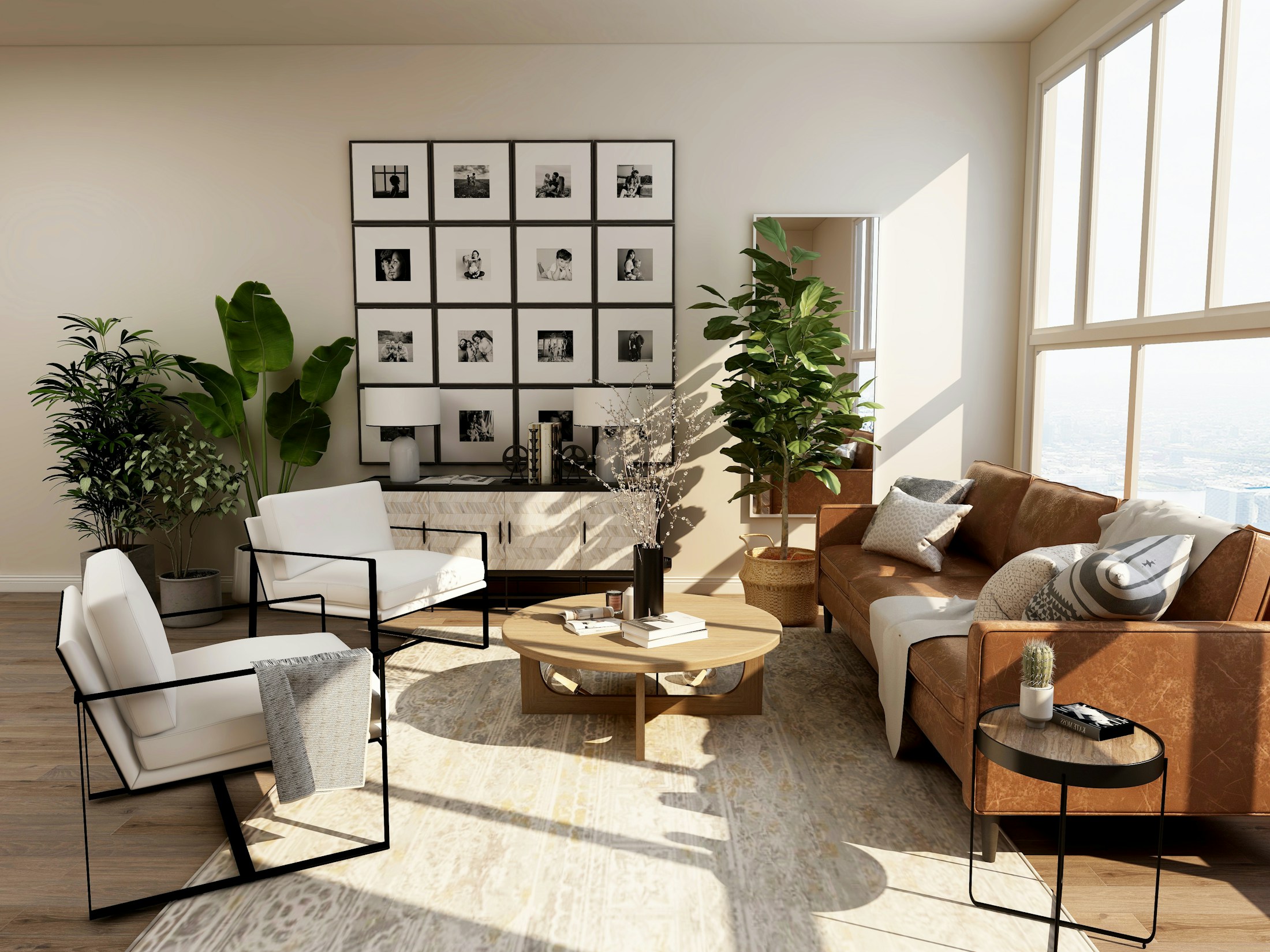 Sunlit living room with a gallery wall, leafy plants, and a round timber coffee table