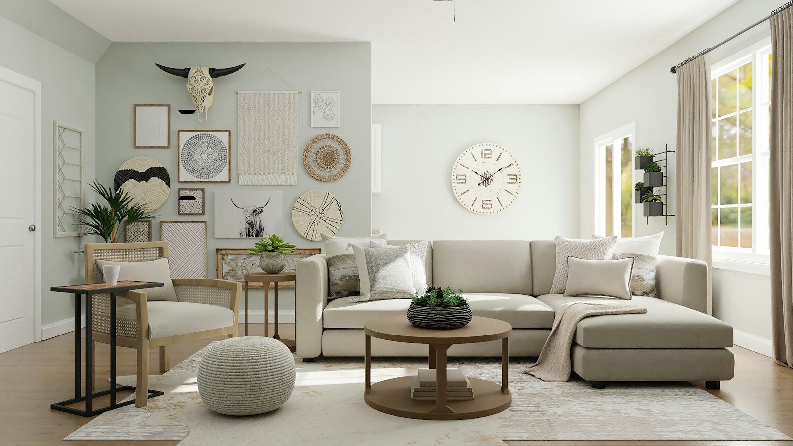 Neutral living space with sculptural furniture and layered material textures